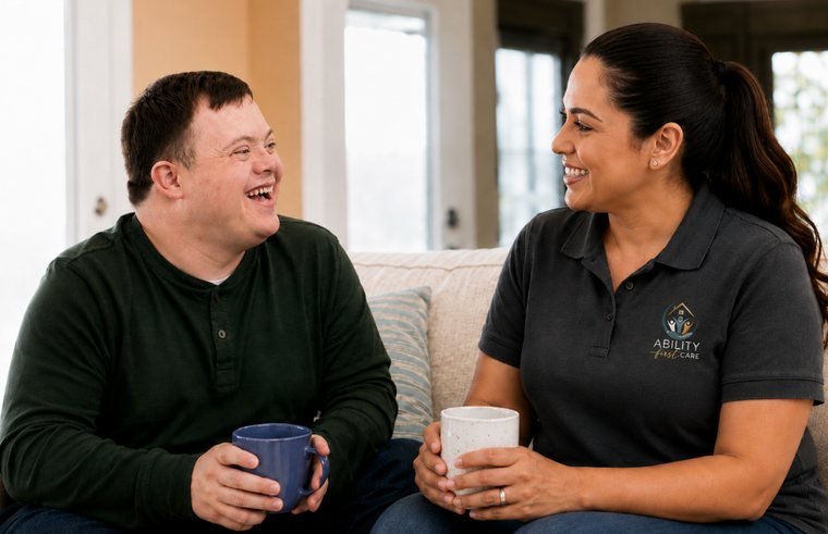 A support professional sharing coffee and conversation with a young man at home